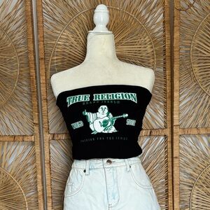 True Religion Black Tube Top with Green Logo Graphic